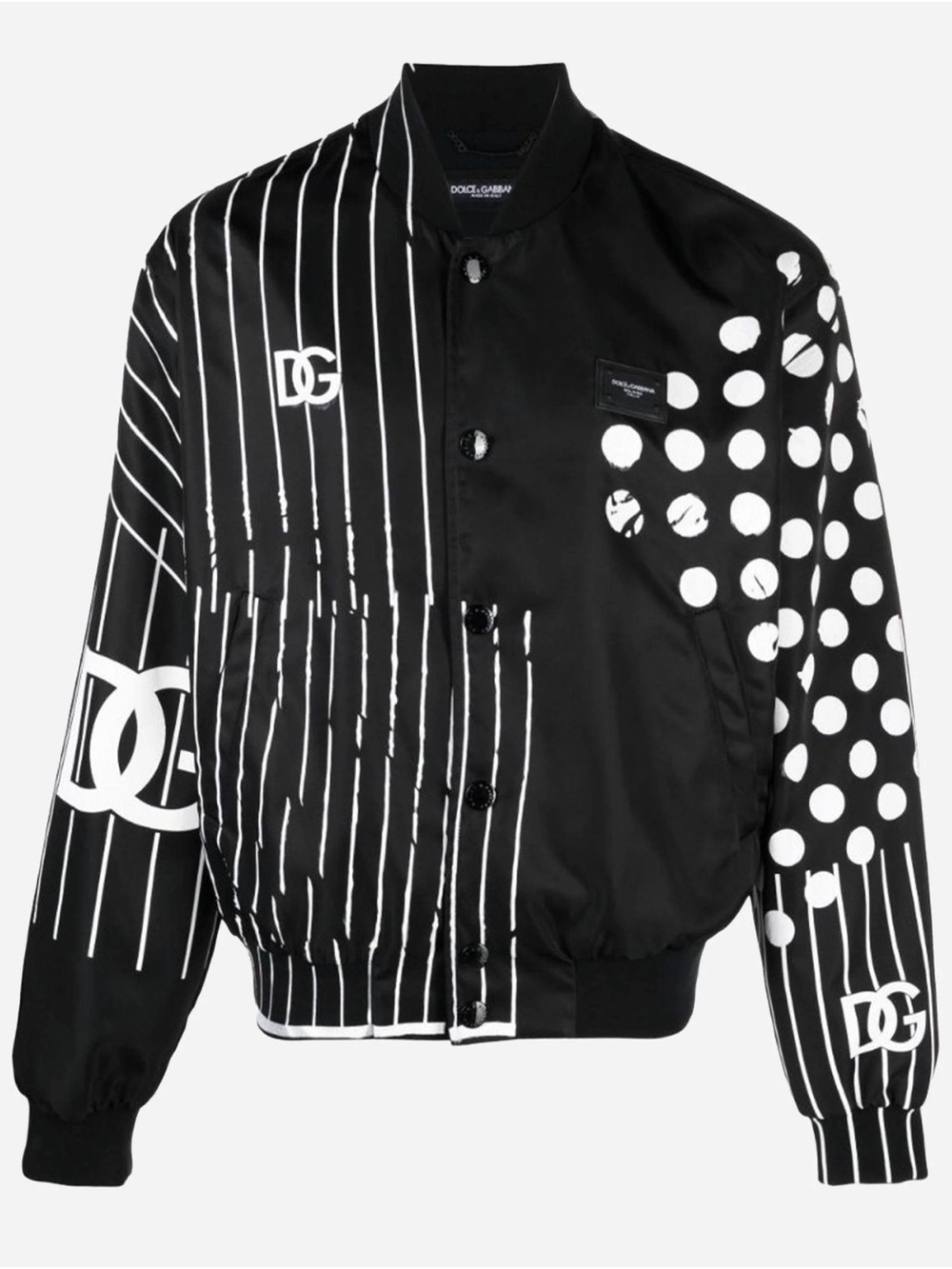 Limited Edition Dolce & Gabbana Black and White Graphic Satin Bomber Jacket